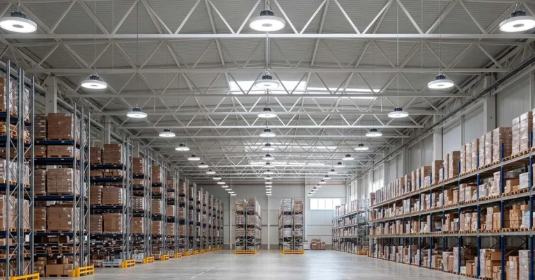 Iluminación LED industrial instalada en nave logística con campanas suspendidas